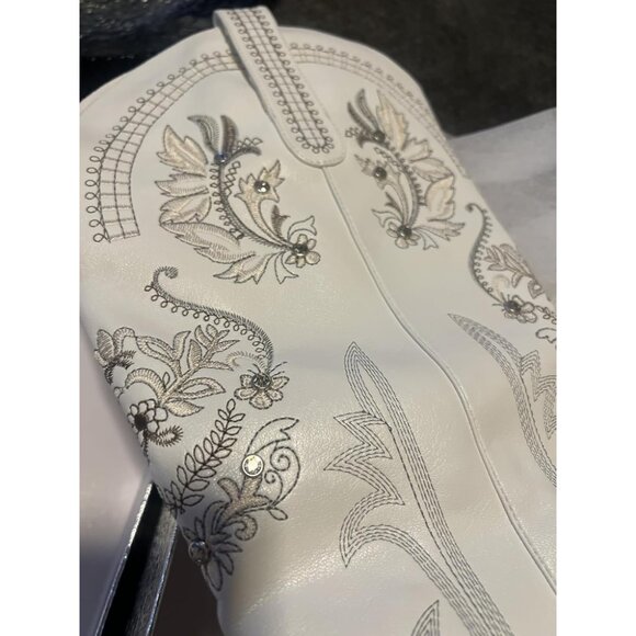 🆕Women White Faux Leather Knee High Sparkly Rhinestone Embroidered  Boots - Picture 5 of 11